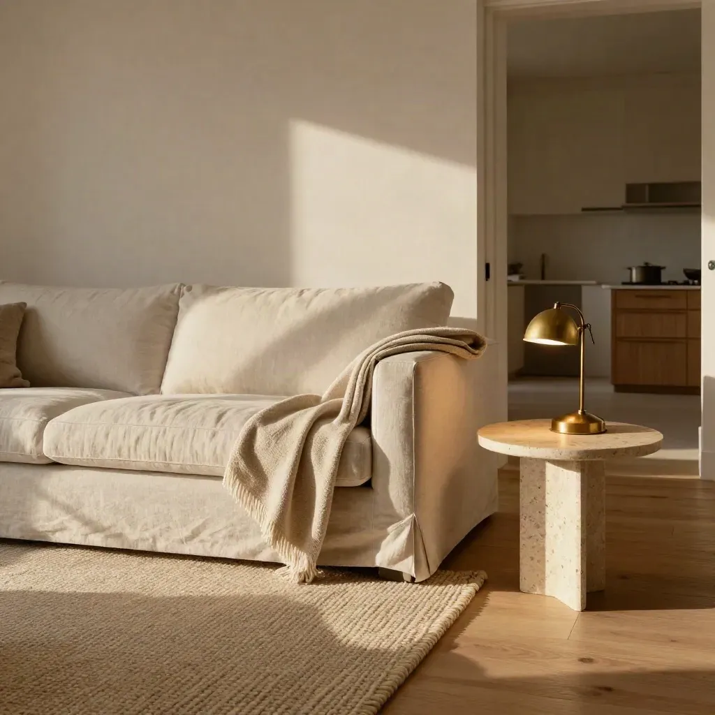 Open-plan sitting room arranged for clear flow, with sofa, armchair, rug and brass accents.