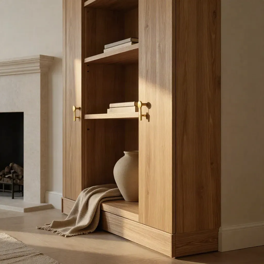 Bespoke oak alcove joinery with brass pulls and stone fireplace in moody low light.
