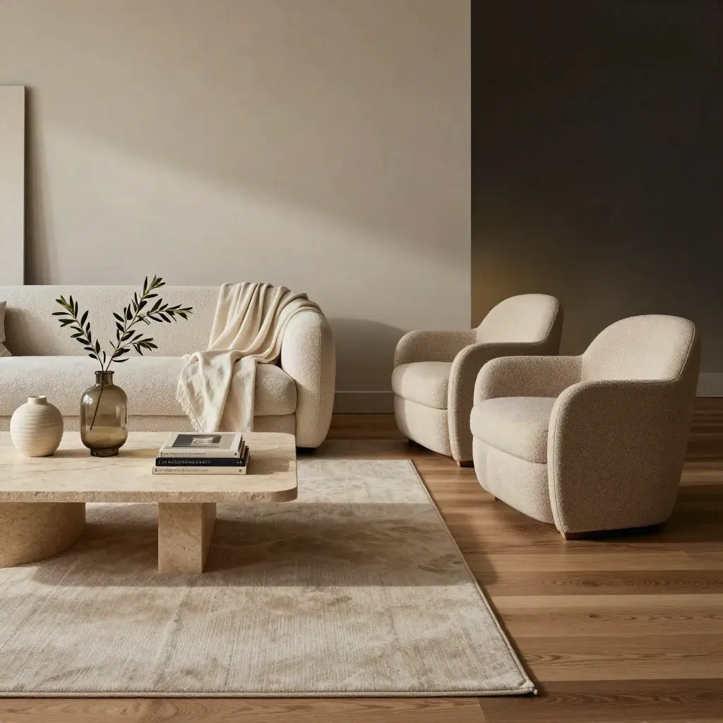 Stylish show-home living room with sculptural sofa, chairs and stone coffee table