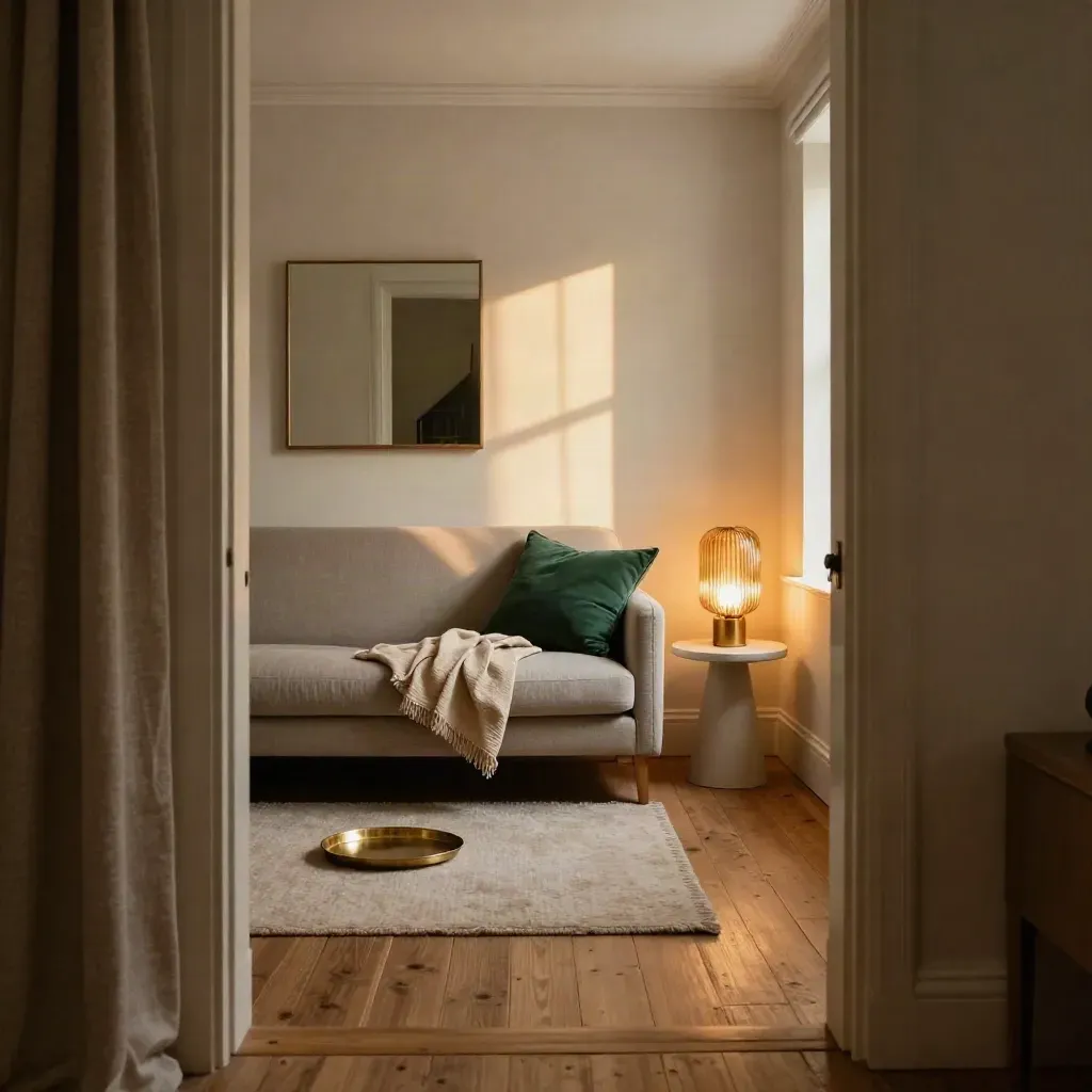 Compact rental flat with sofa, mirror and lamp, styled bright and inviting.