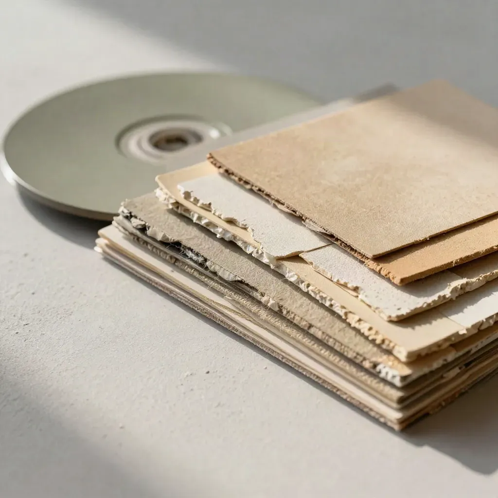 Textured colour swatches, plaster chips and fabric samples arranged in a tonal strip