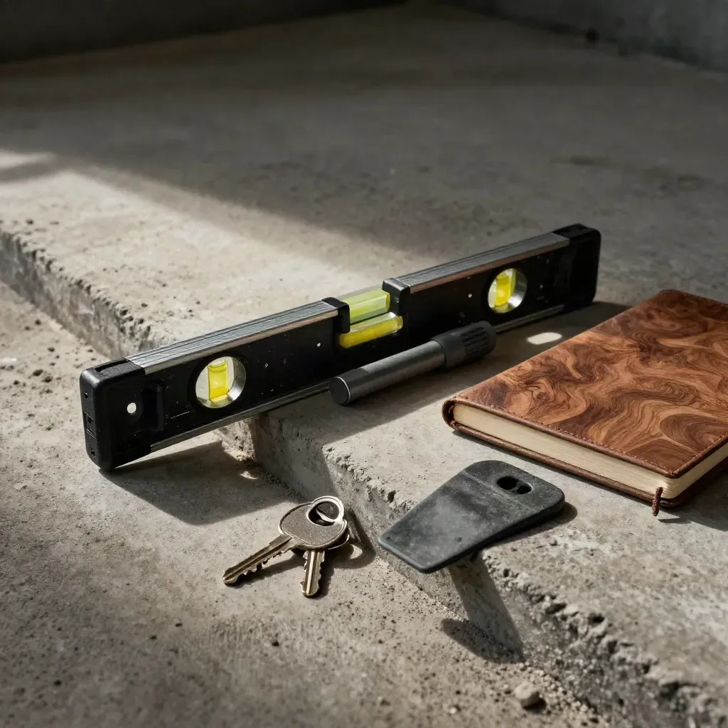 Site kit with level, torch, keys, notebook, and wedge on concrete in dramatic side light.